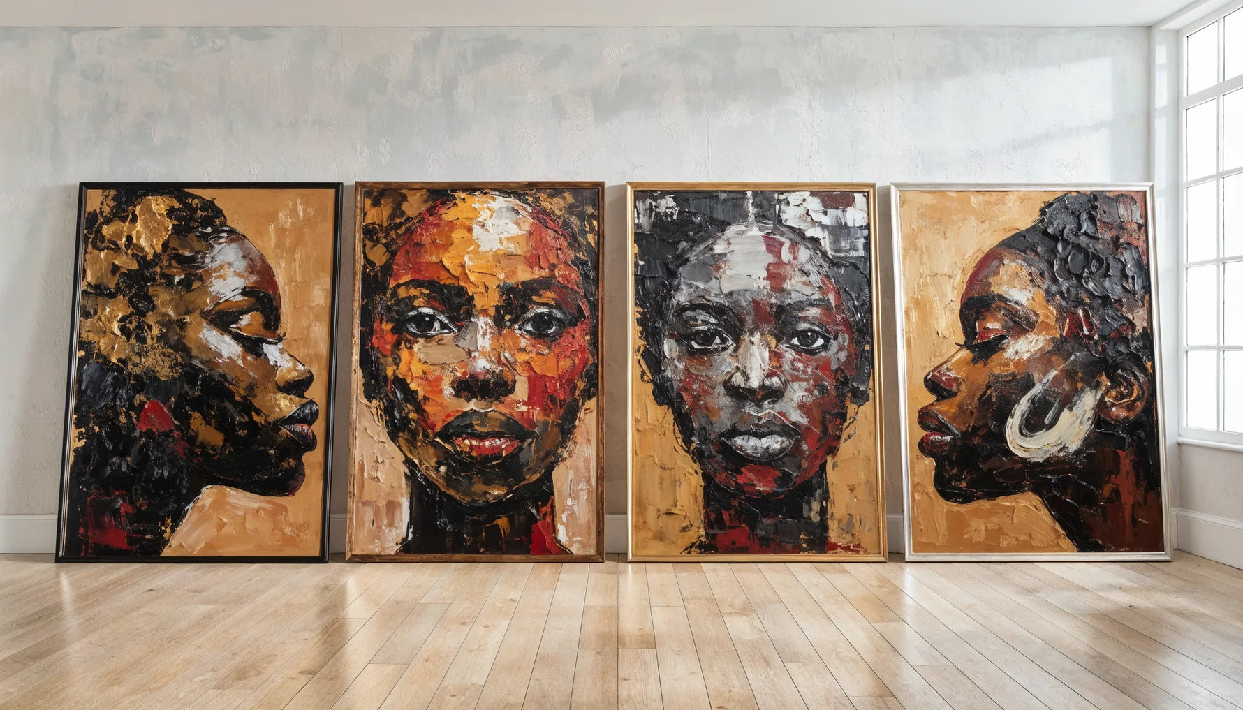 Four canvases in black, walnut, gold and brushed silver frames leaning side by side against a pale studio wall