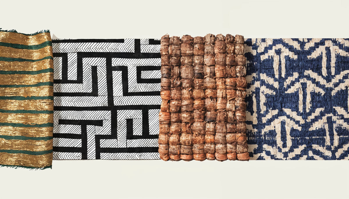 A painting of four separate African cloth patterns meeting edge to edge, each with its own geometry, scale and palette.