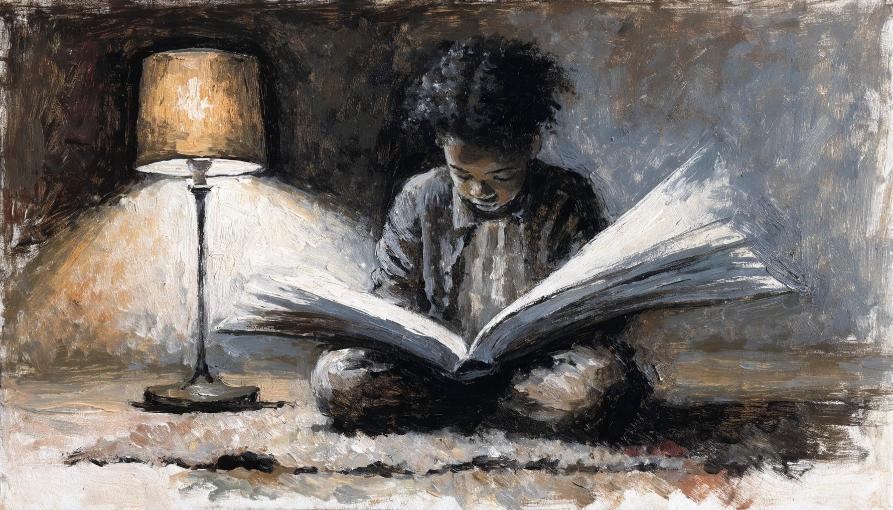 Painting of a child sitting cross legged on a rug reading an open book, lamp light on the pages and face, the rest of the room in soft brown shadow.