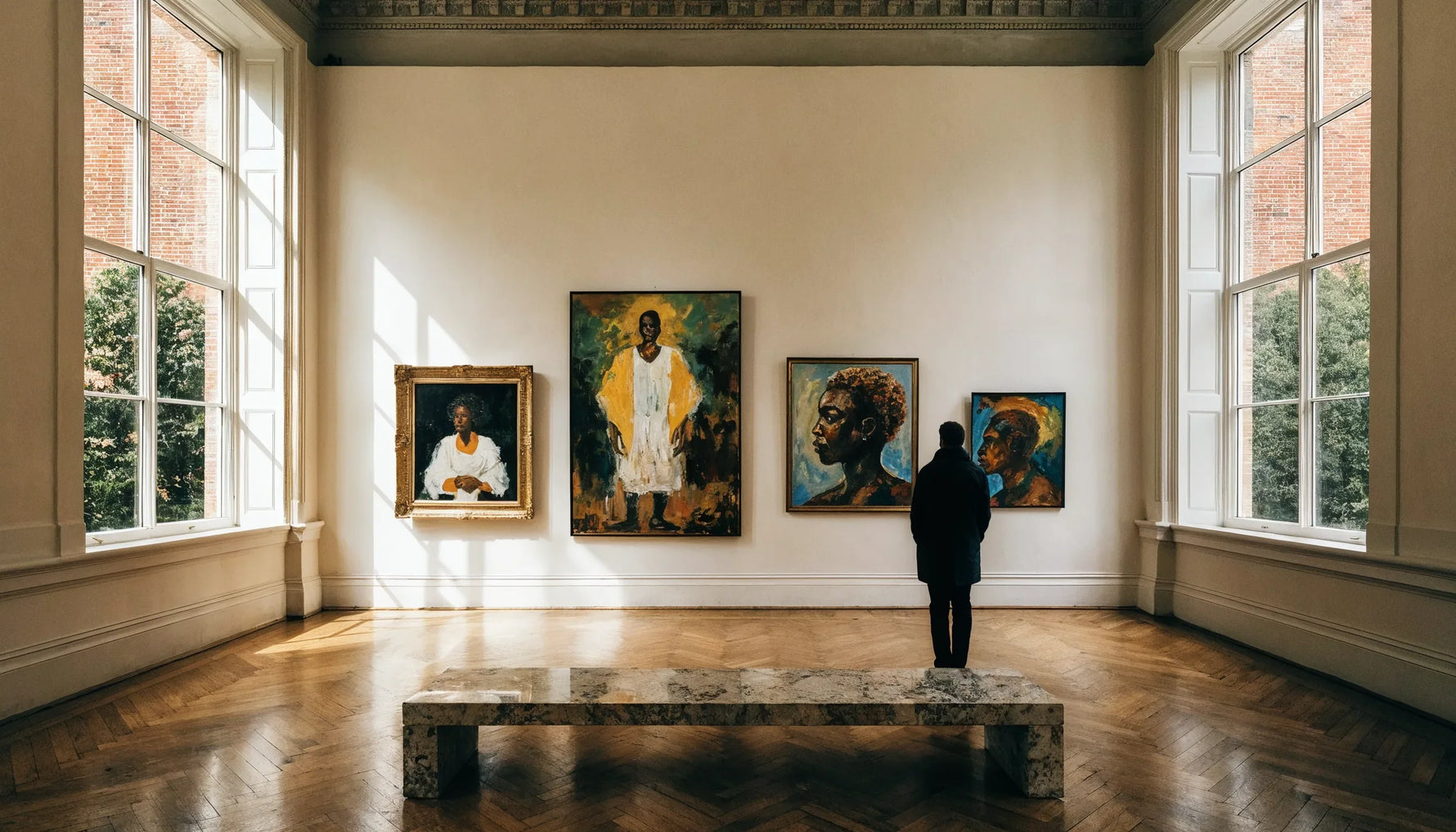 A sunlit museum gallery wall hung with four framed paintings, with one visitor standing at a distance with their back to the camera.