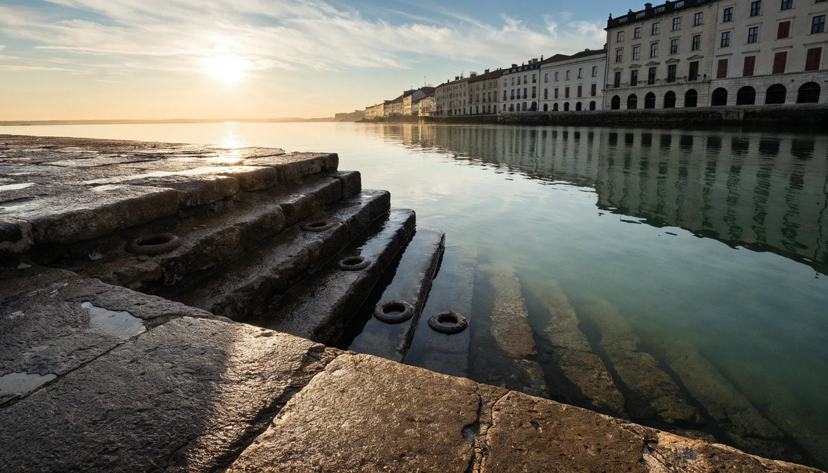 A worn stone quay at dawn with steps going down into green water, iron mooring rings in the stone, and pale arcades behind it.
