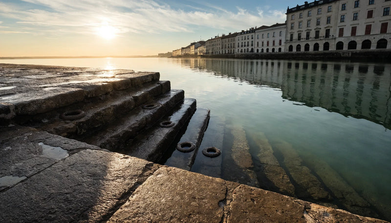 A worn stone quay at dawn with steps going down into green water, iron mooring rings in the stone, and pale arcades behind it.
