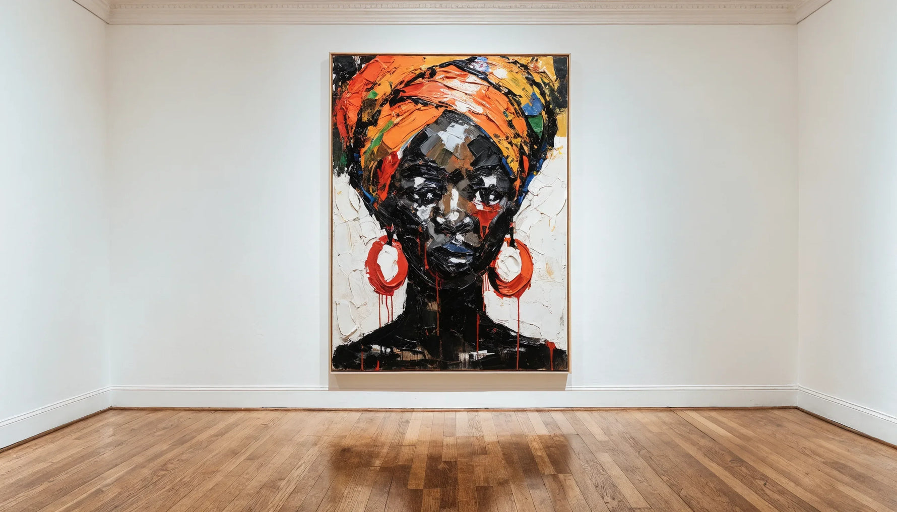 A minimalist gallery wall with one bold original Afrocentric painting blending African motifs and a Black figure.
