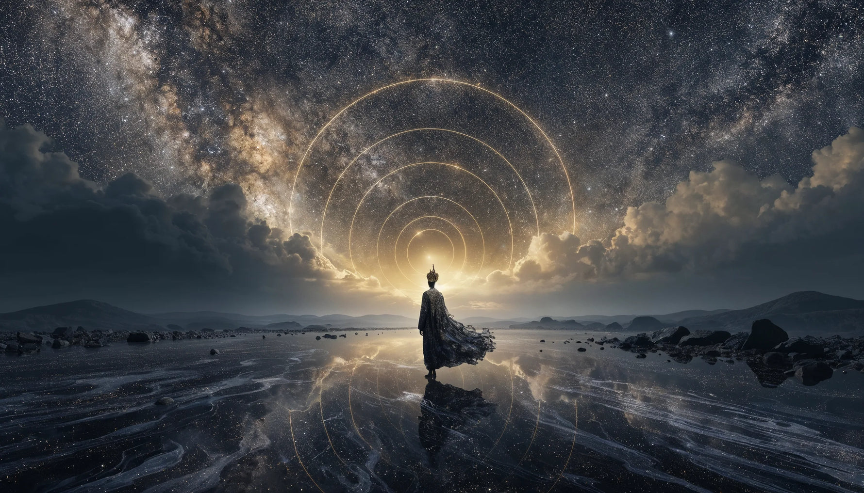 A solitary figure in flowing robes seen from behind beneath a vast star field with glowing golden rings on the horizon