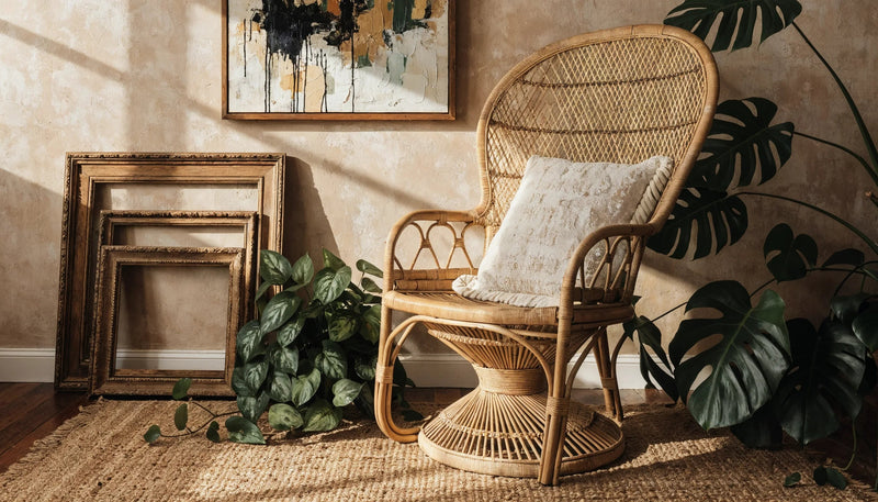 A sunlit bohemian living room corner with a rattan chair, trailing plants and framed canvas art against a warm clay wall