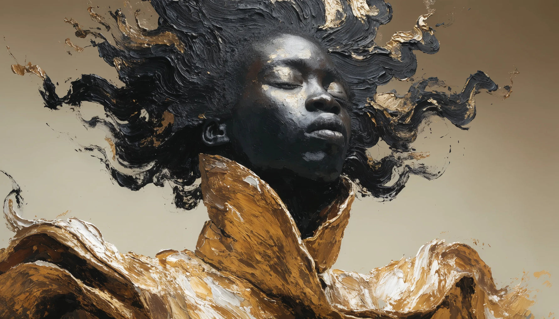 A bold original fine-art portrait celebrating deep, luminous Black skin tones in warm gold and umber.
