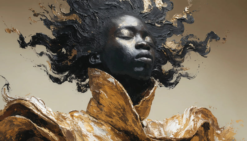 A bold original fine-art portrait celebrating deep, luminous Black skin tones in warm gold and umber.