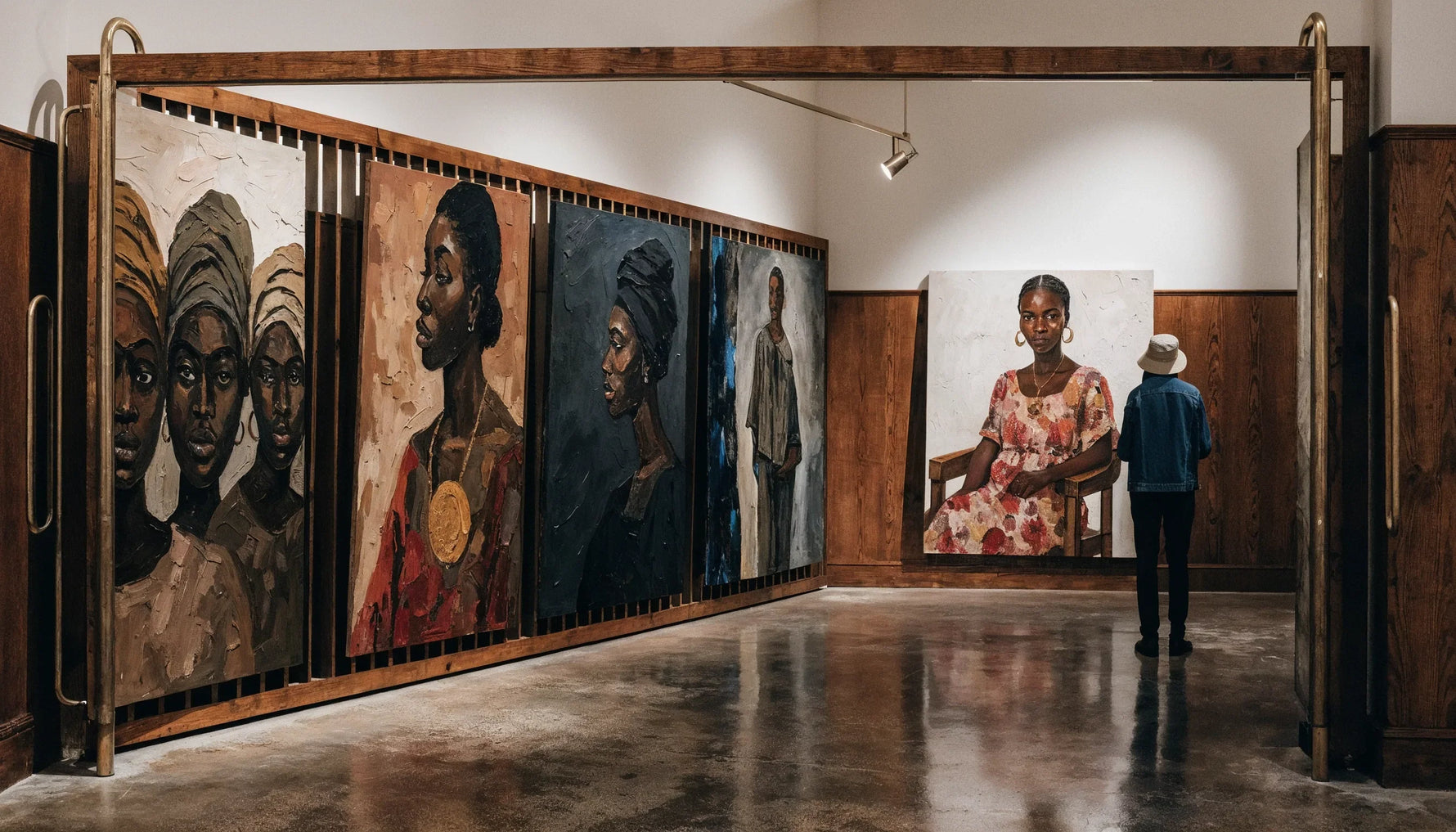 A gallery viewing room with a storage rack pulled out and a visitor seen from behind studying a canvas