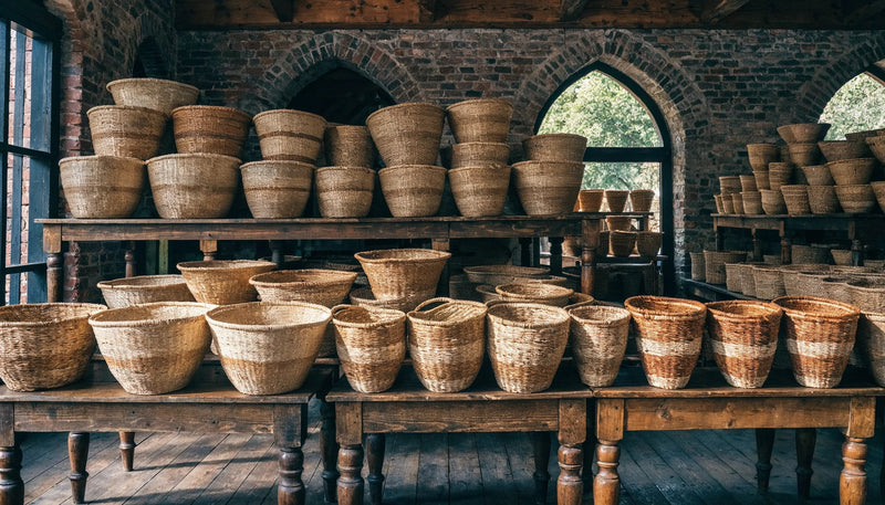 Handmade sweetgrass baskets displayed on tables inside Charleston City Market with warm light through arched brick openings