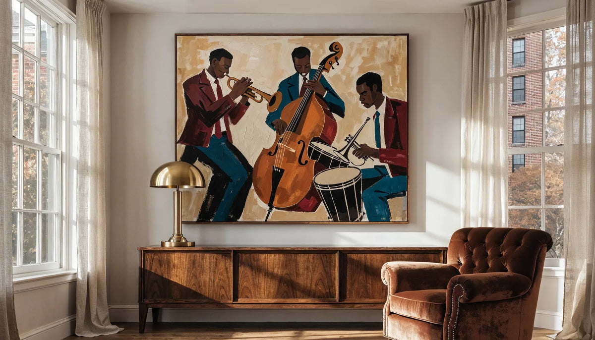 Black jazz trio in warm flat colors, framed canvas print above a walnut sideboard, amber palette with soft window light