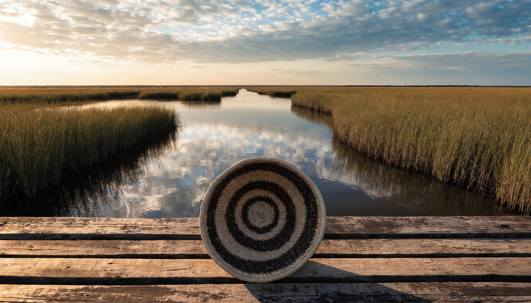 A Lowcountry tidal marsh at golden hour with tall grass, still water and a coiled sweetgrass basket on a weathered dock