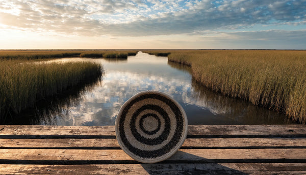 A Lowcountry tidal marsh at golden hour with tall grass, still water and a coiled sweetgrass basket on a weathered dock