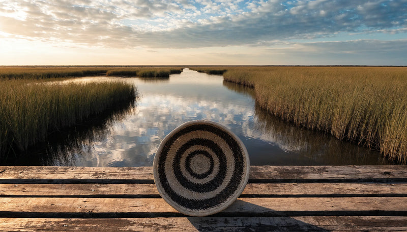 A Lowcountry tidal marsh at golden hour with tall grass, still water and a coiled sweetgrass basket on a weathered dock