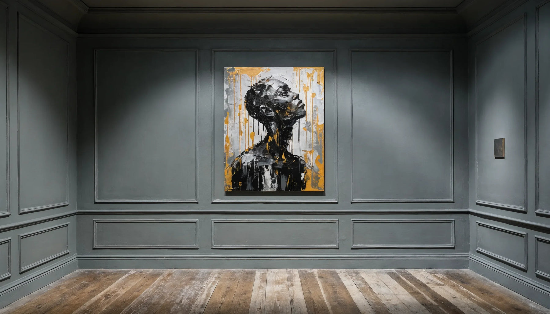 Elegant minimalist gallery with a single spotlit painting of a Black figure and a blank plaque