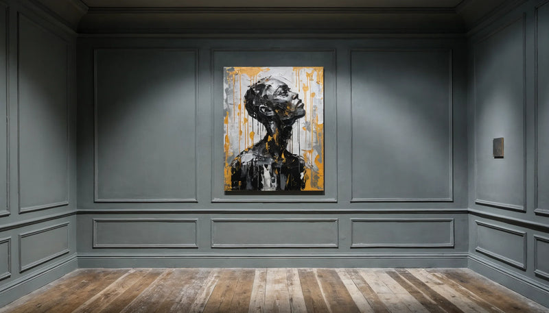 Elegant minimalist gallery with a single spotlit painting of a Black figure and a blank plaque