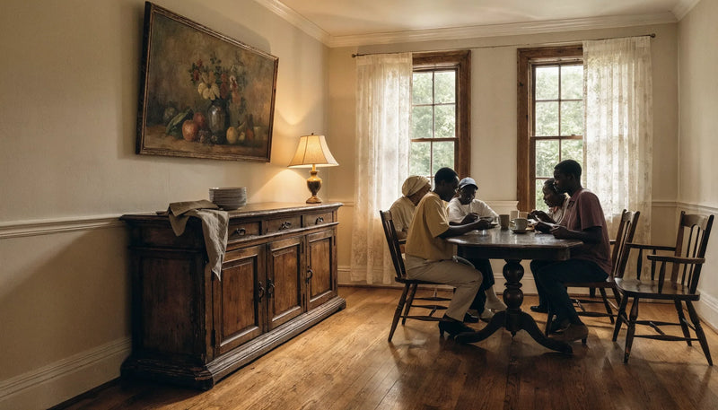 A canvas of a family scene hanging above a worn wooden sideboard in a dining room, lit by a warm lamp in the evening.
