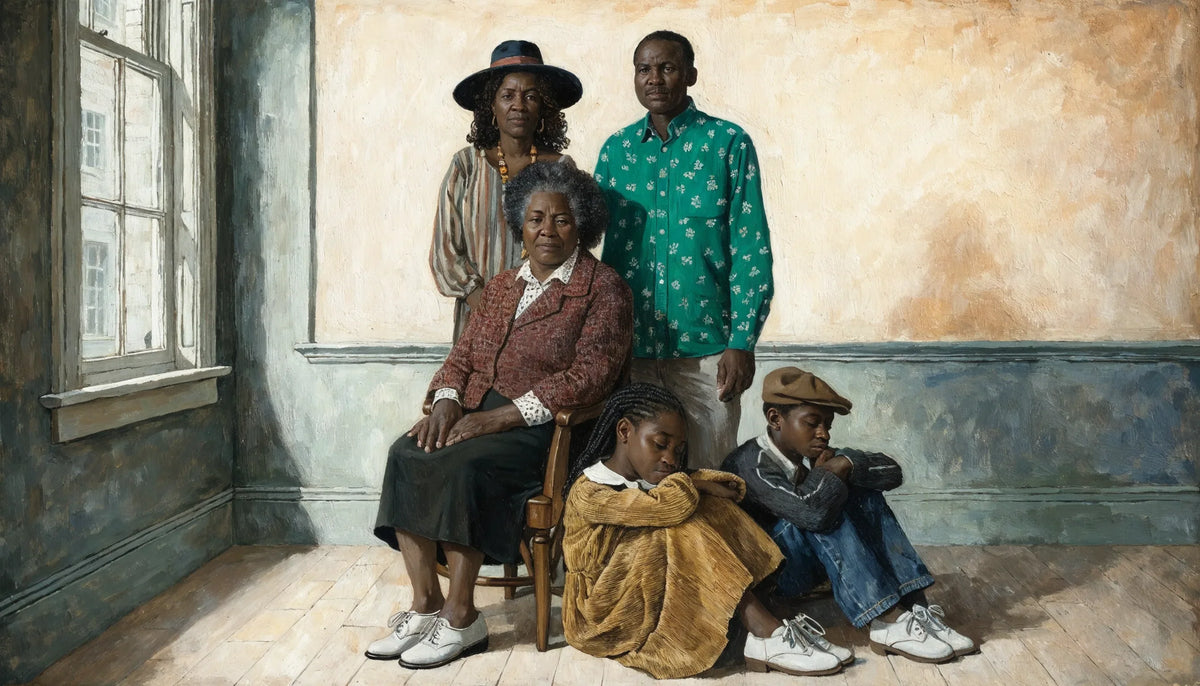 Painting of three generations of a family posed together in a sunlit room, an older woman seated at center with children at her knees and a couple standing behind.