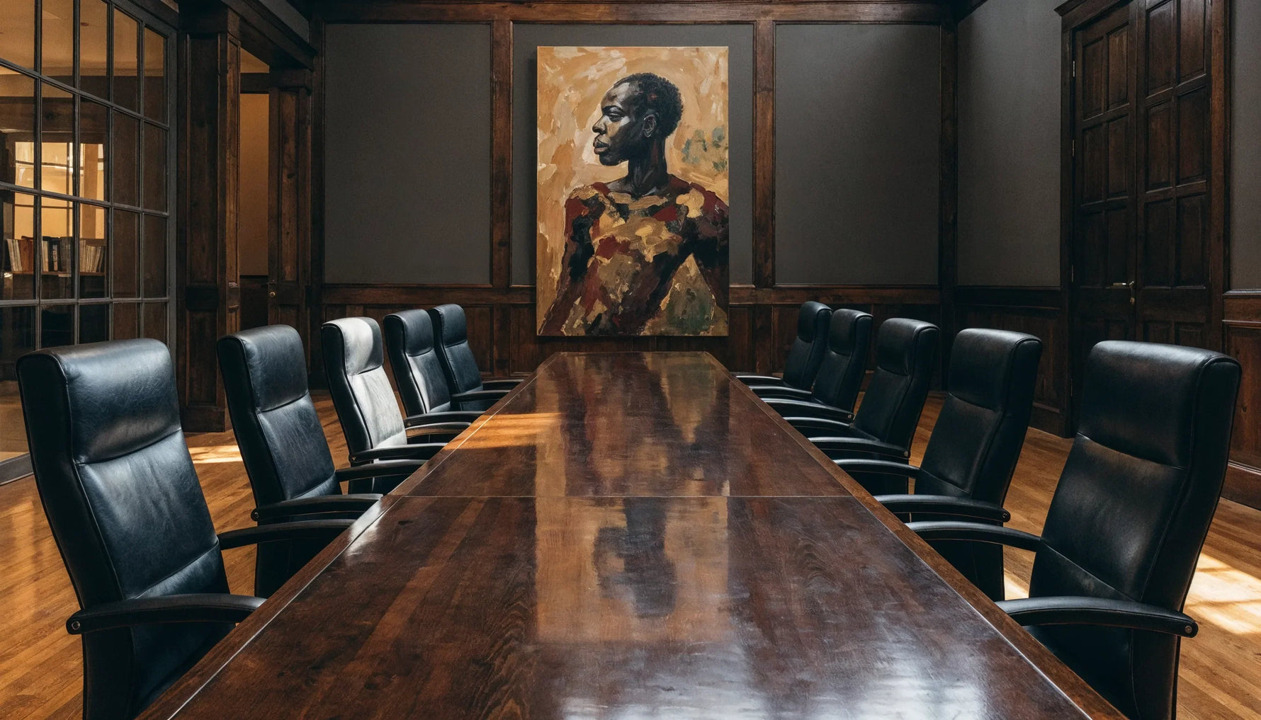 An empty conference room with a portrait canvas of a Black figure hung on the end wall facing the length of the table.