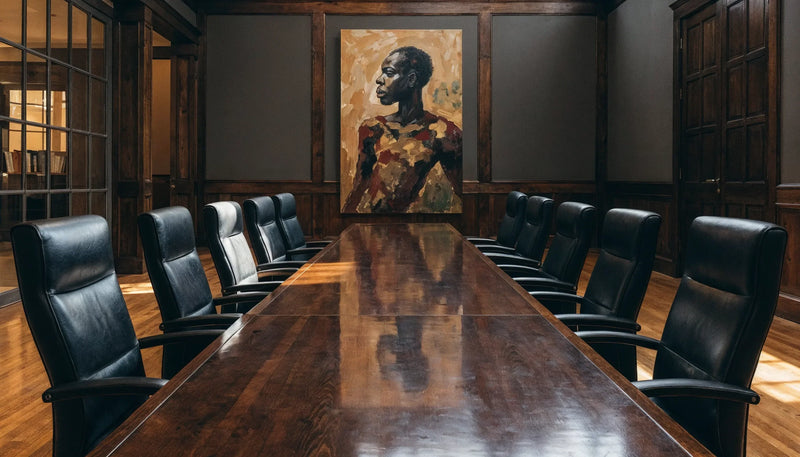 An empty conference room with a portrait canvas of a Black figure hung on the end wall facing the length of the table.