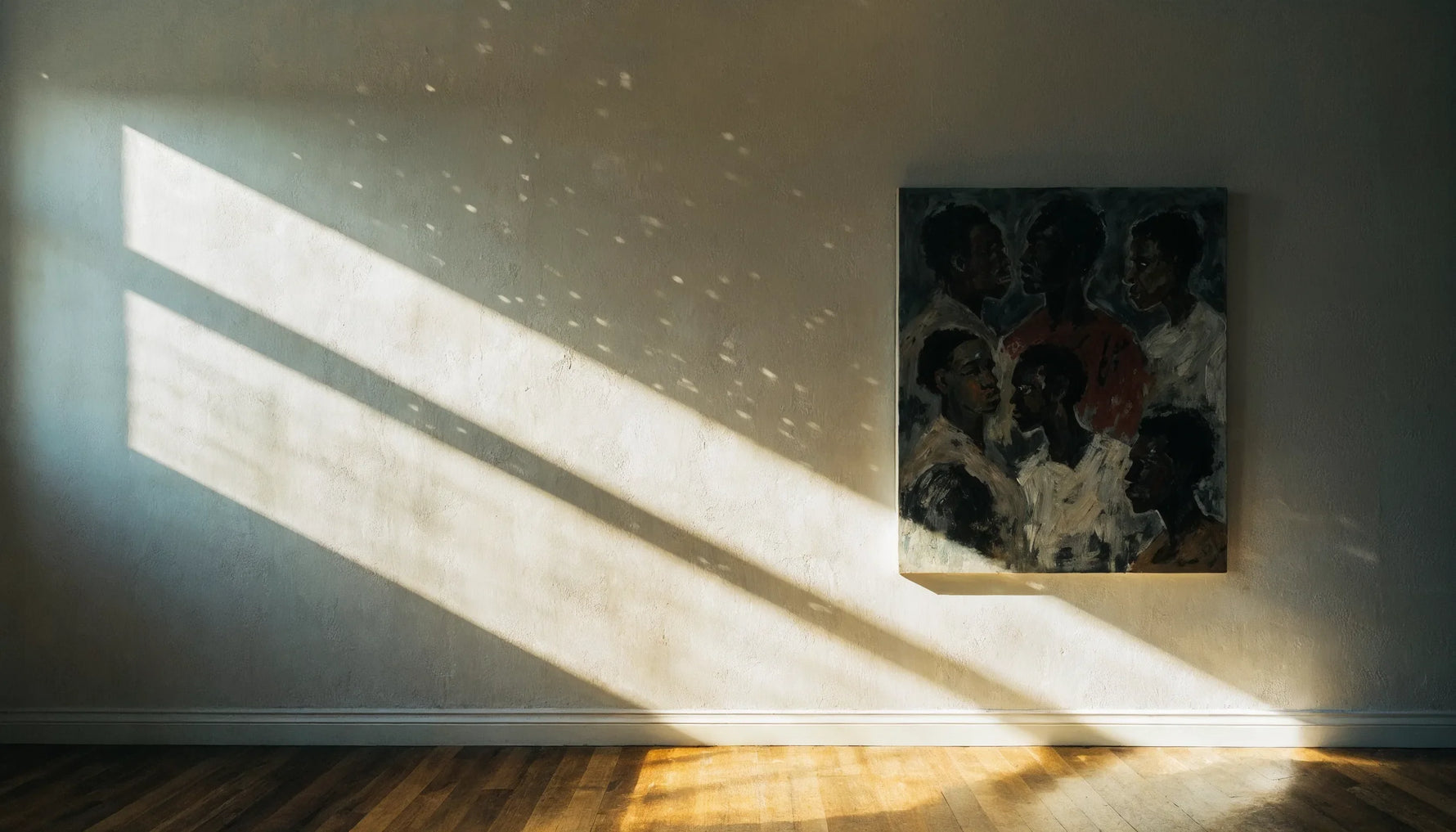 A hard band of afternoon sun crossing an interior wall with a canvas hung in the shaded half, clear of the light.