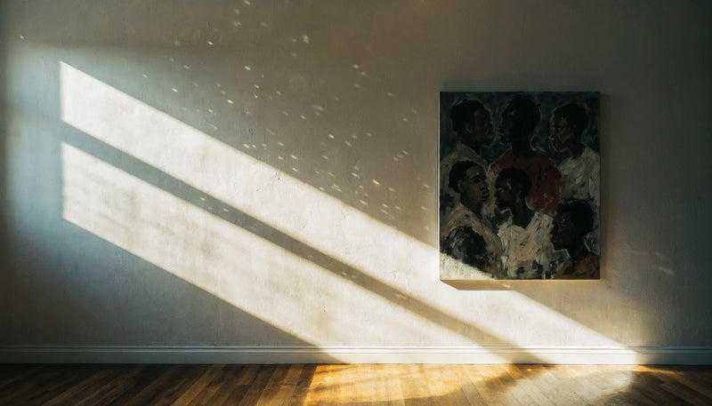 A hard band of afternoon sun crossing an interior wall with a canvas hung in the shaded half, clear of the light.
