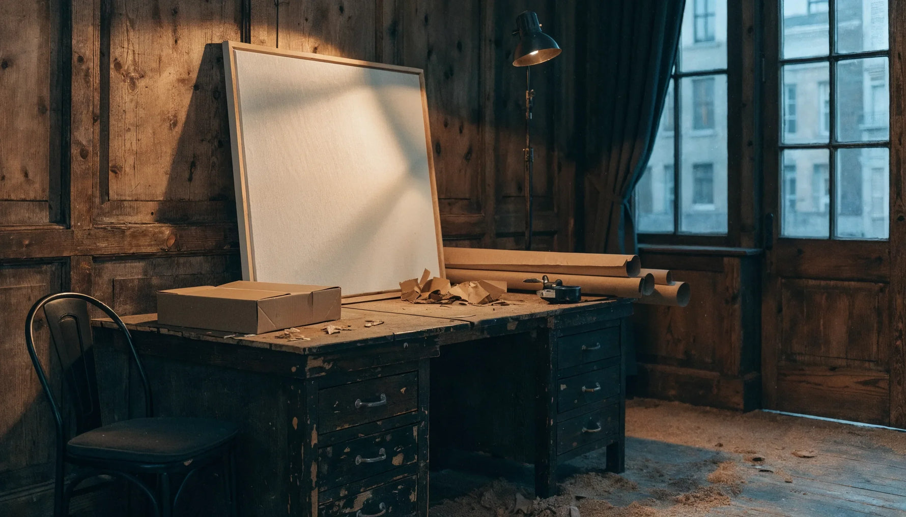 A stretched canvas standing on a studio workbench beside a flat shipping carton, kraft paper, and a tape gun under a warm clip lamp.