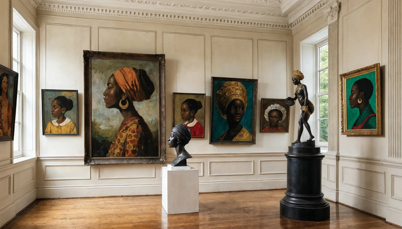 A 1920s-30s gallery wall of original paintings and sculptures by women artists of the era, dignified, painterly, no identifiable people.
