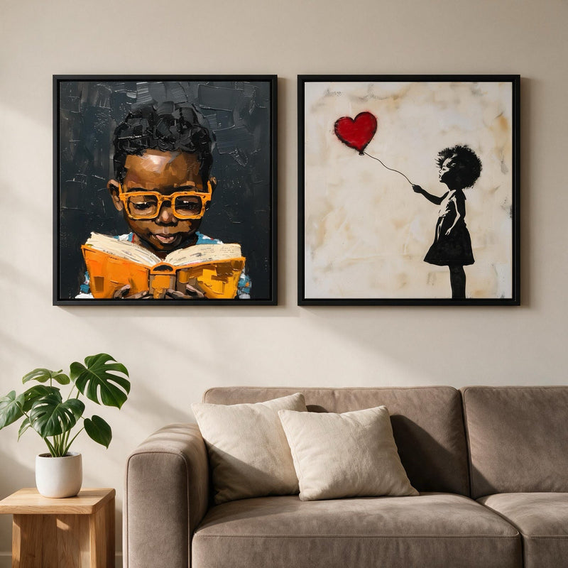 Black family art on canvas, framed and styled in a modern living room, from Noirci Studio