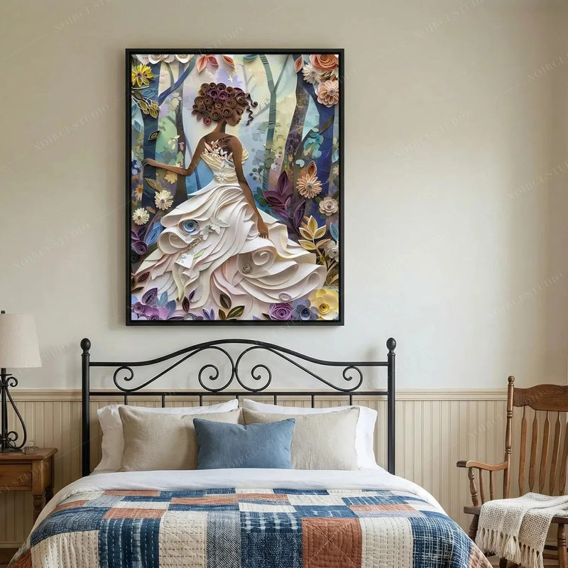 African American art for bedroom, quilled girl artwork above a black iron bed with a patchwork quilt