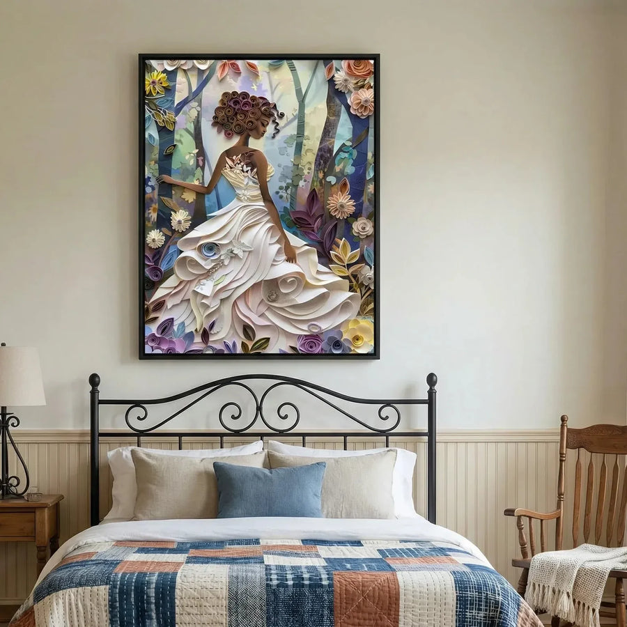 African American art for bedroom, quilled girl artwork above a black iron bed with a patchwork quilt