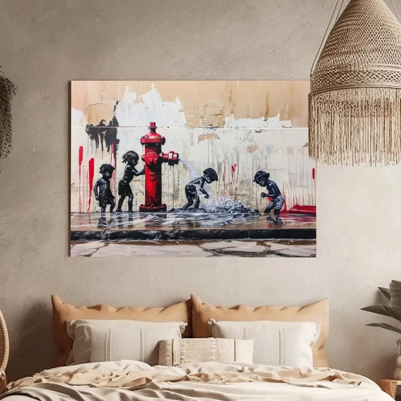 Afrohemian decor in a boho bedroom, hydrant street art canvas above tan pillows and a woven fringe pendant
