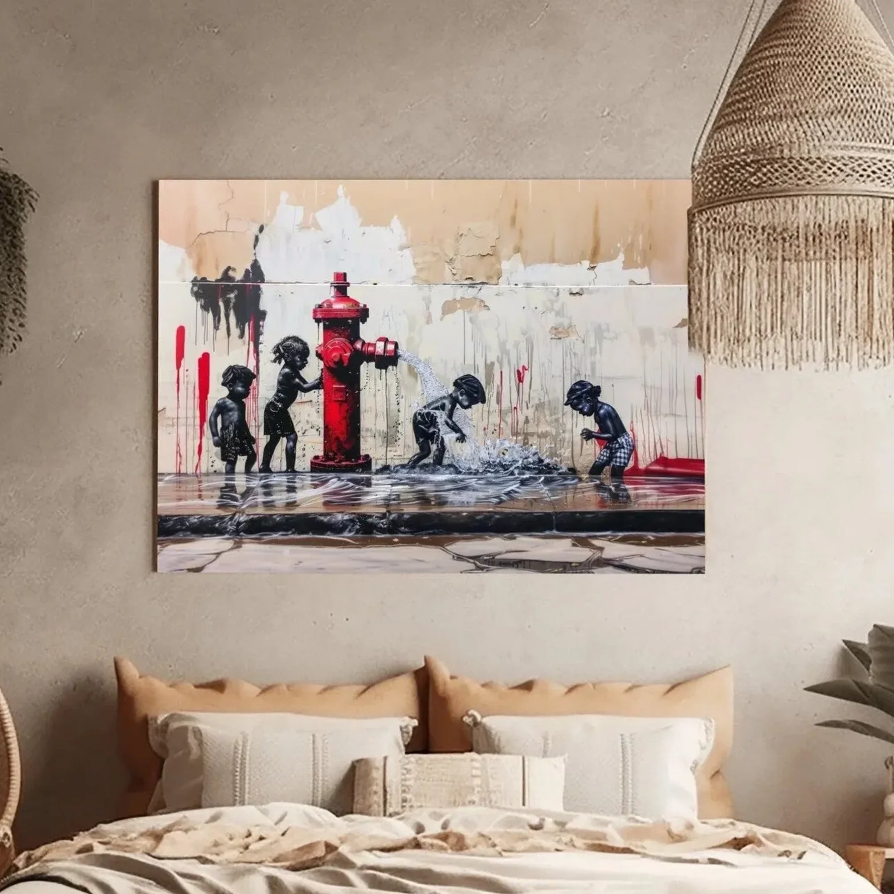 Afrohemian decor in a boho bedroom, hydrant street art canvas above tan pillows and a woven fringe pendant