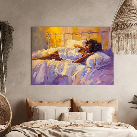 African American art for bedroom, woman waking in golden morning light above a bed with layered cream pillows