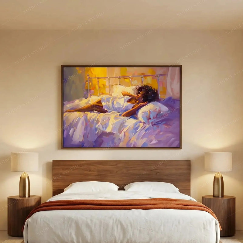 Black woman art above a walnut platform bed with brass lamps, bedroom canvas in a walnut frame