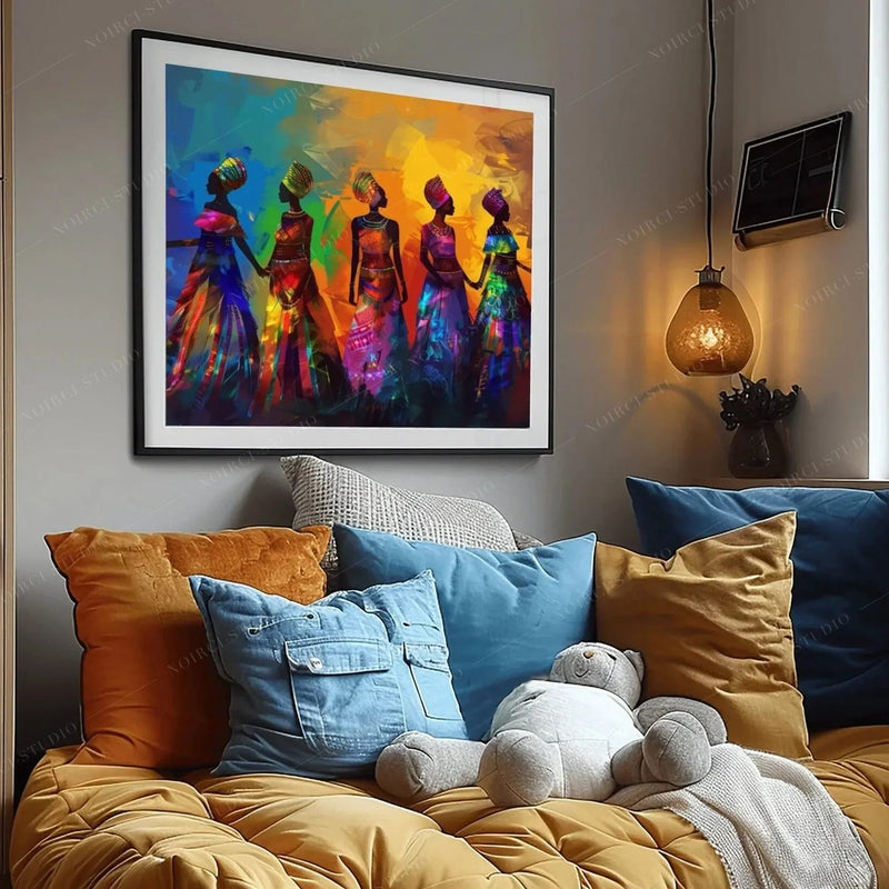 Black art for kids' rooms, framed African women print above a mustard sofa with denim pillows and a teddy bear
