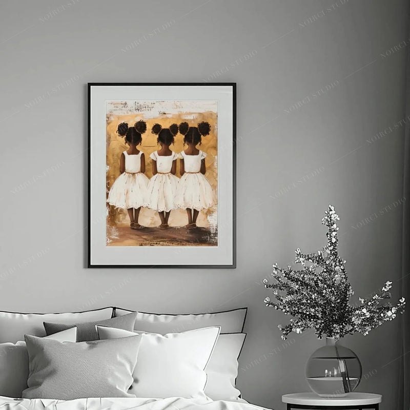 African American art for bedroom, three sisters in a matted black frame above crisp white bedding