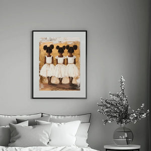 African American art for bedroom, three sisters in a matted black frame above crisp white bedding