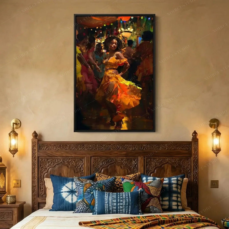 African American art for bedroom, dancer painting in a black frame above a carved wood headboard and shibori pillows