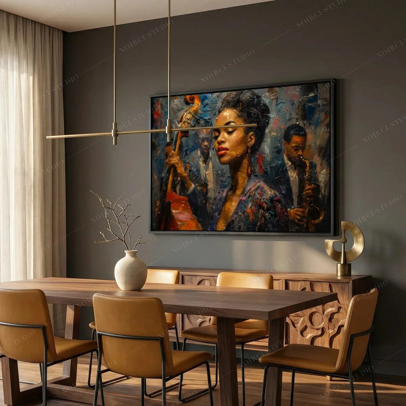 African American dining room art, jazz band painting on a dark gray wall above a walnut table and camel chairs
