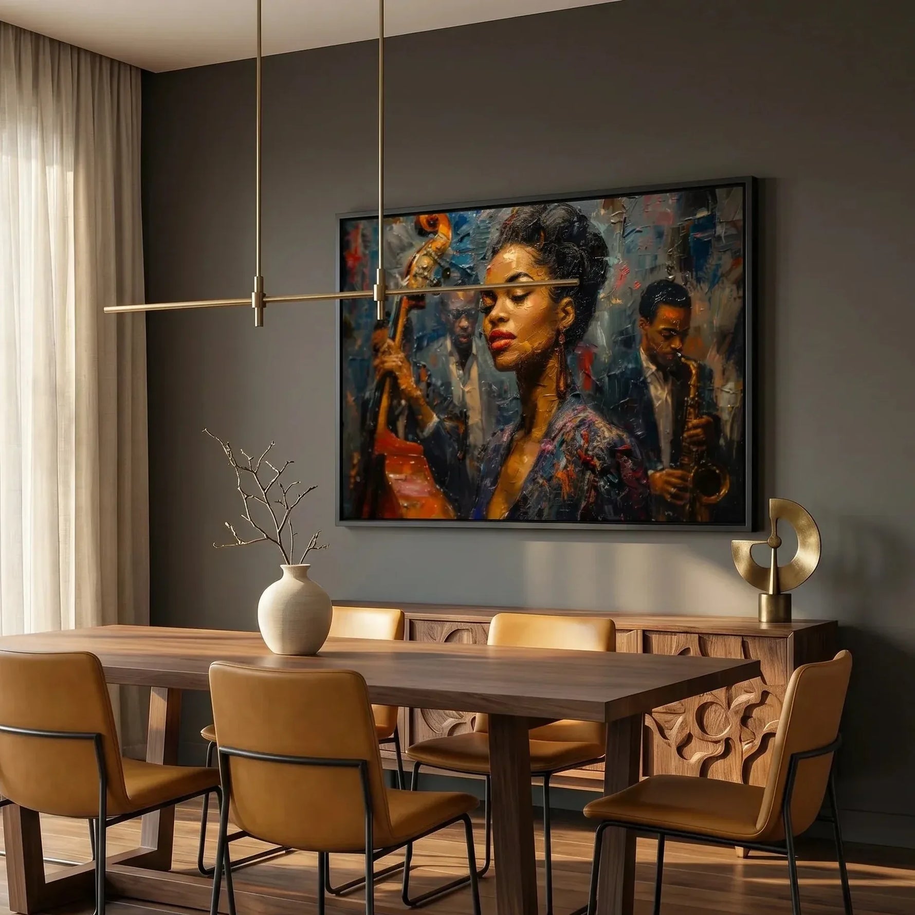 African American dining room art, jazz band painting on a dark gray wall above a walnut table and camel chairs