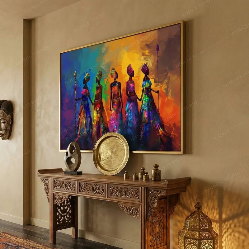 Afrohemian decor, gold framed African women painting above a carved console with brass tray and Moroccan lantern
