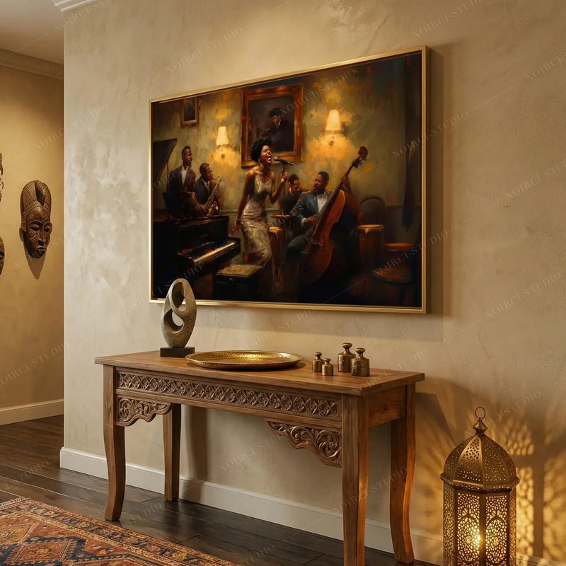Afrocentric wall decor in a hallway with African masks and a carved console, gold-framed jazz club painting