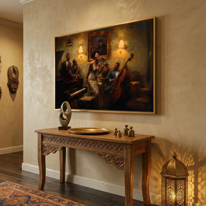 Afrocentric wall decor in a hallway with African masks and a carved console, gold-framed jazz club painting