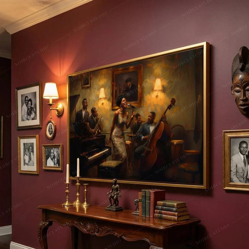 Heritage gallery wall in burgundy with family photos and candlesticks, gold-framed jazz singer painting