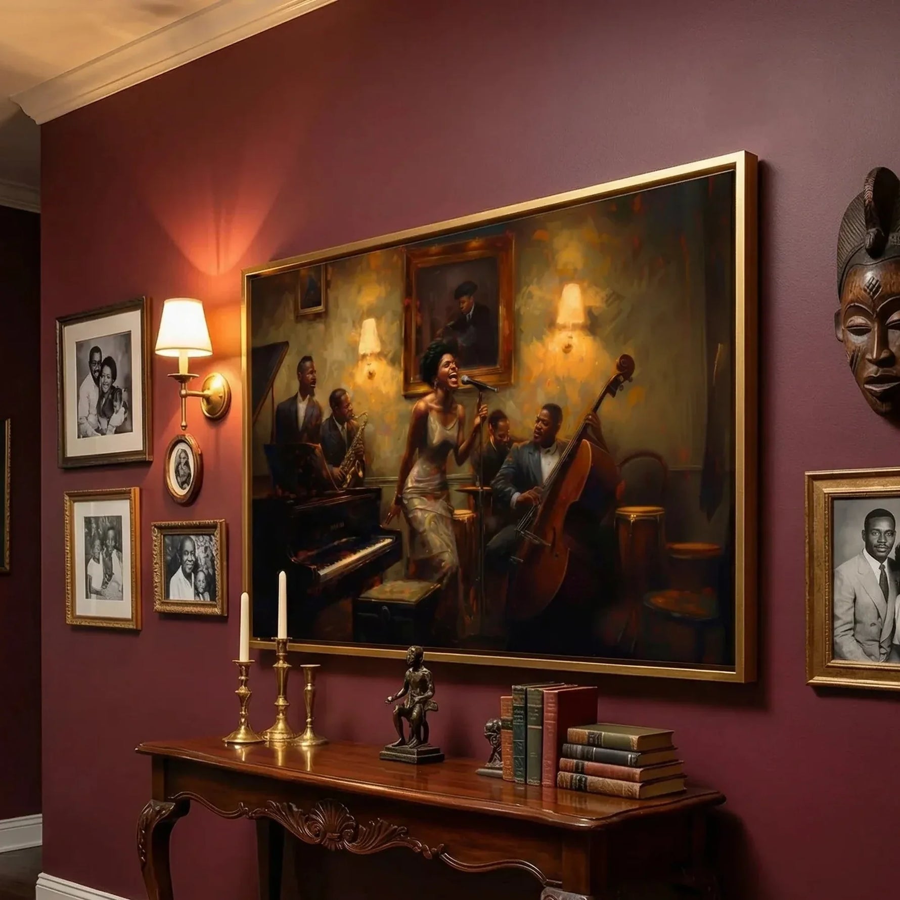 Heritage gallery wall in burgundy with family photos and candlesticks, gold-framed jazz singer painting