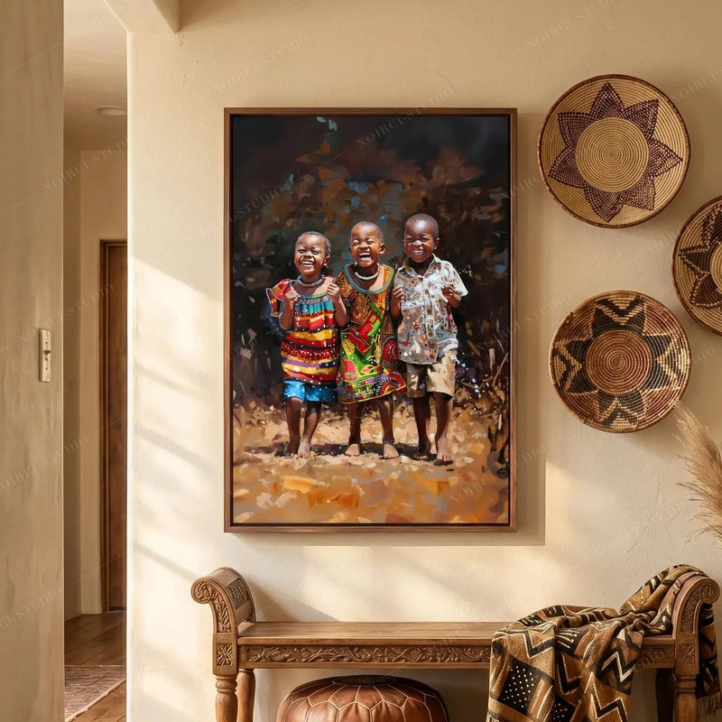 African wall decor in a boho entryway with woven baskets and a carved bench, three laughing children in a walnut frame