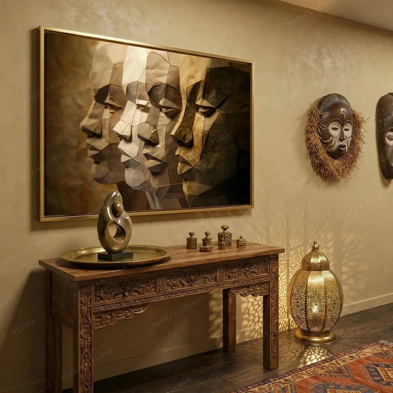 Afrocentric luxury home decor, gold-framed Black men profiles beside African masks and a brass Moroccan lantern