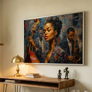 Black home office art, young jazz vocalist painting above a wood desk with a brass mushroom lamp and figurines