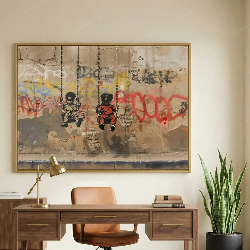 Modern Afro art for office, gold-framed graffiti canvas above a walnut desk with a brass lamp and snake plant