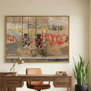 Modern Afro art for office, gold-framed graffiti canvas above a walnut desk with a brass lamp and snake plant